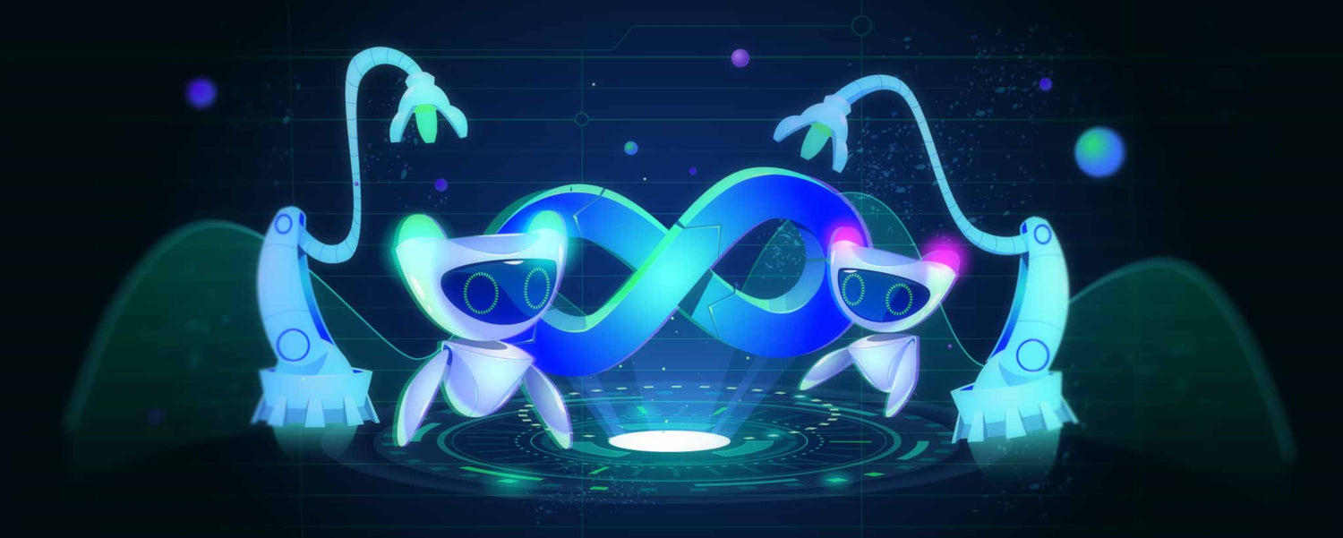 Two AI robots with infinity symbol. (ai)