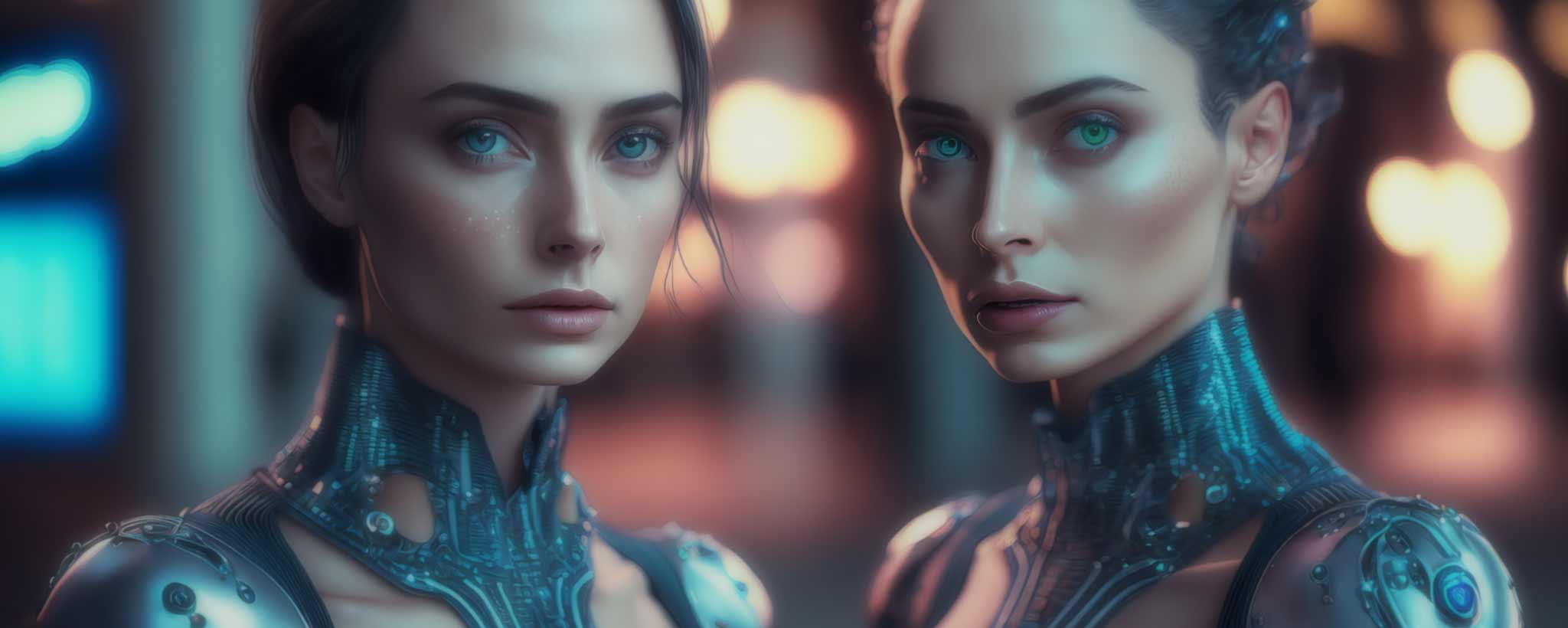 'A pair of android females with metallic clothing stare forward. (ai)'