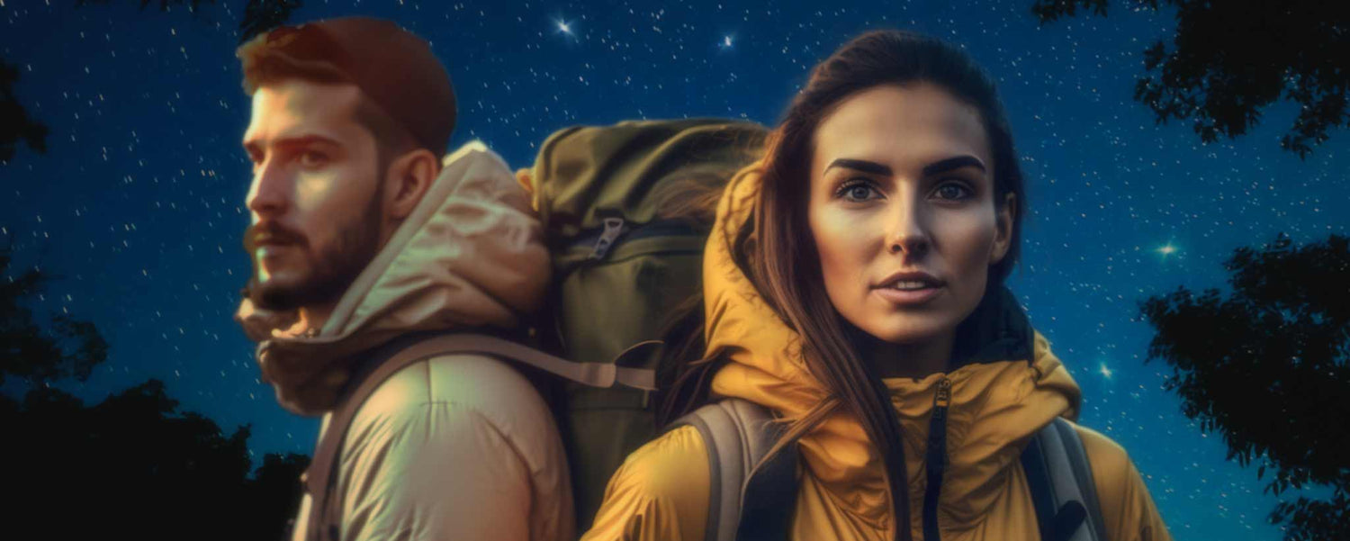 Backpacking couple on starry night. (ai)