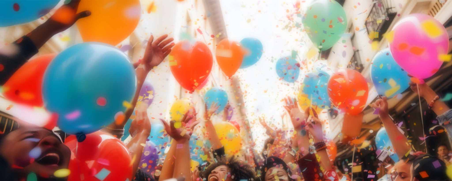 A large crowd in the city, celebrate with balloons and cheers. (ai)