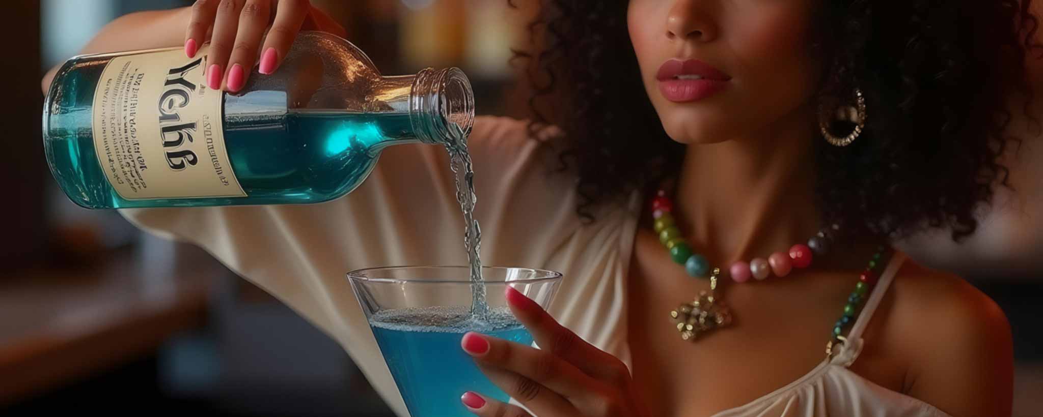 'A female bartender pours a blue beverage (ai)'