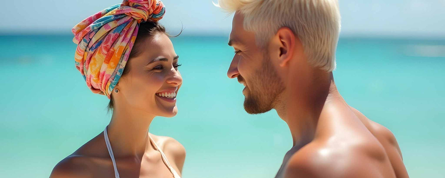 A flirtatious summer beach couple face each other. (ai).