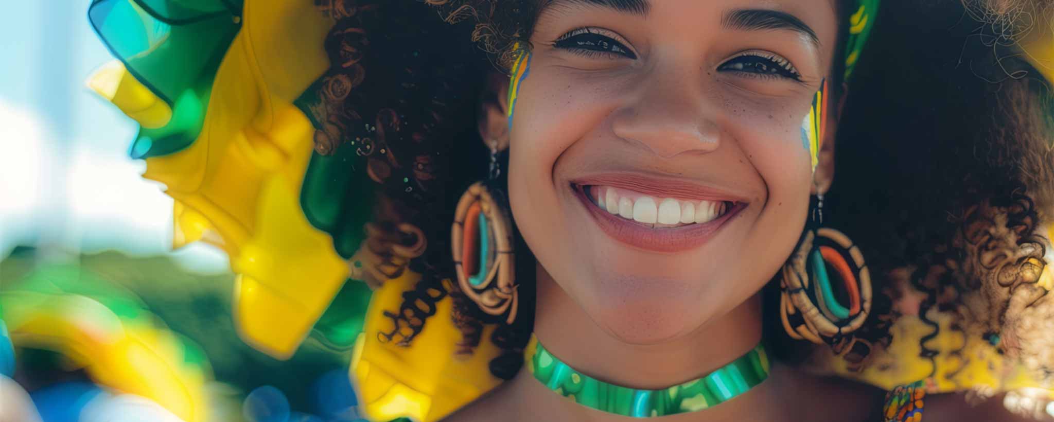 'A beautiful smiling Brazilian female wearing colorful dress. (ai)'