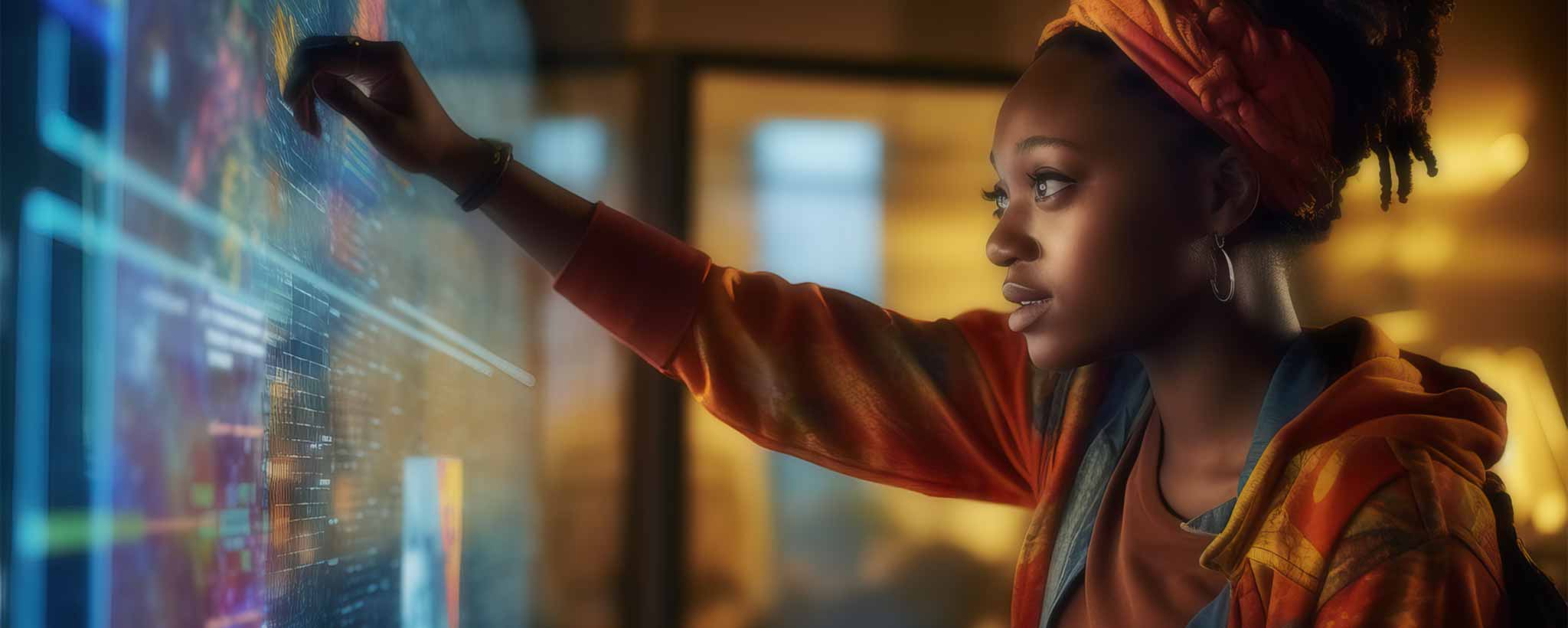 'A black female interacts with large digital display. (ai)'