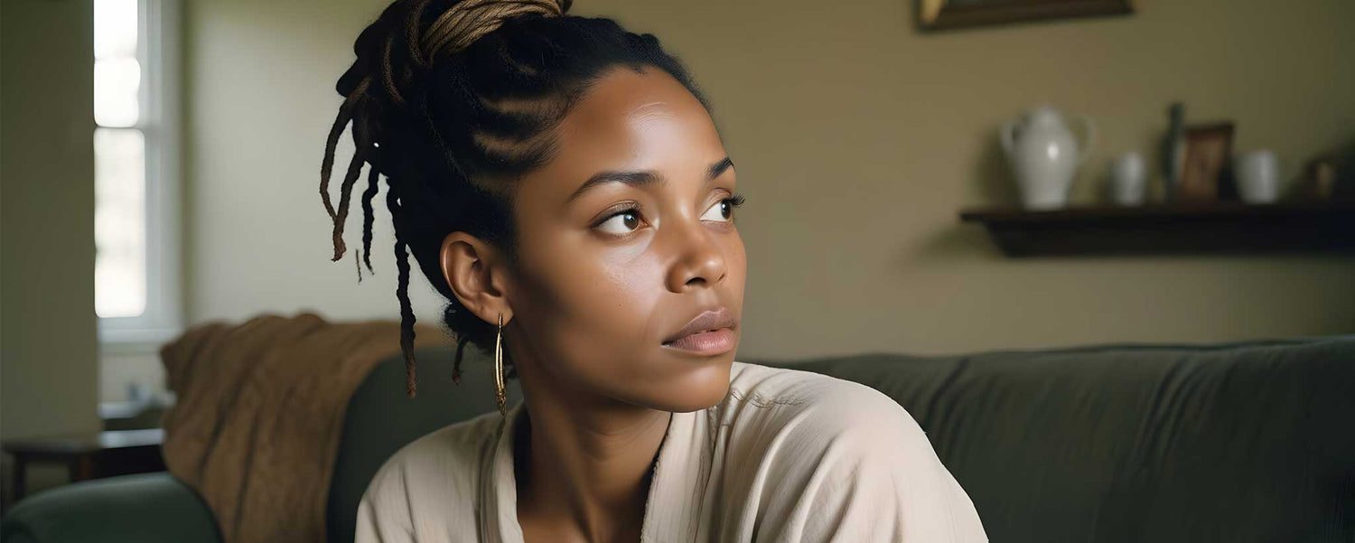 Portrait of female with dreads seated on sofa. (ai)