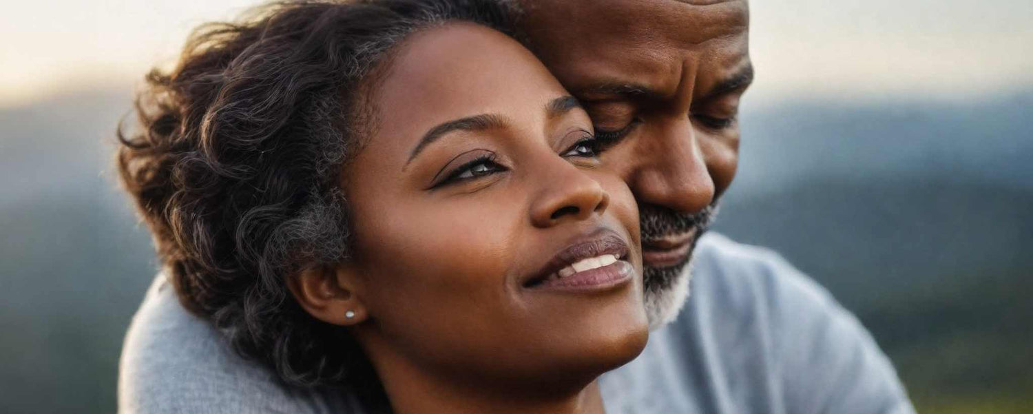 An elderly Black man embraces a middle-age Black female. (ai)