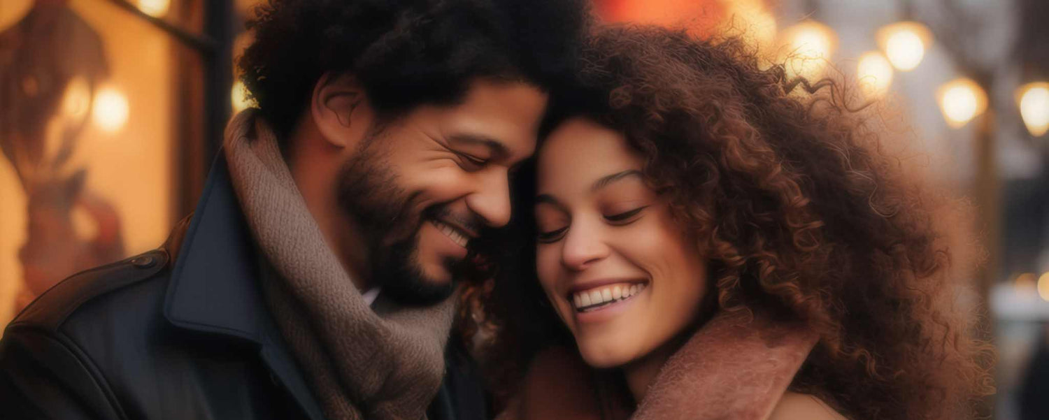 A happy Black couple on a nighttime sidewalk. (ai)