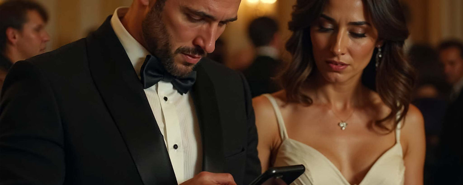 A couple at formal event checks a phone message. (ai)