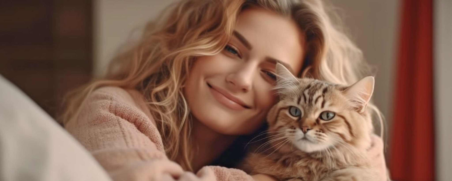 A beautiful blonde female holds her cat.