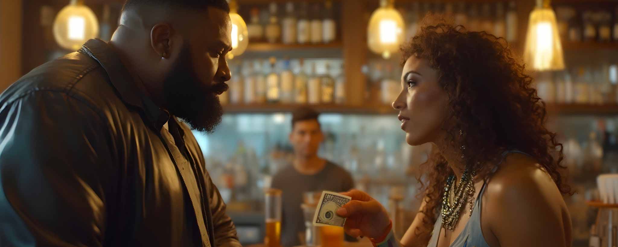 'A large Black man faces a female waitress. (ai)'