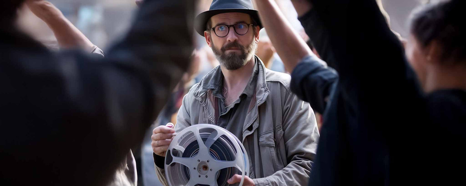 A man holding a film reel with people around him in a crowd. (ai)
