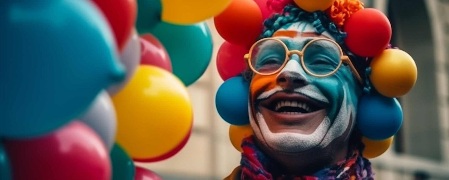 A male clown surrounded by colorful balloons. (ai)