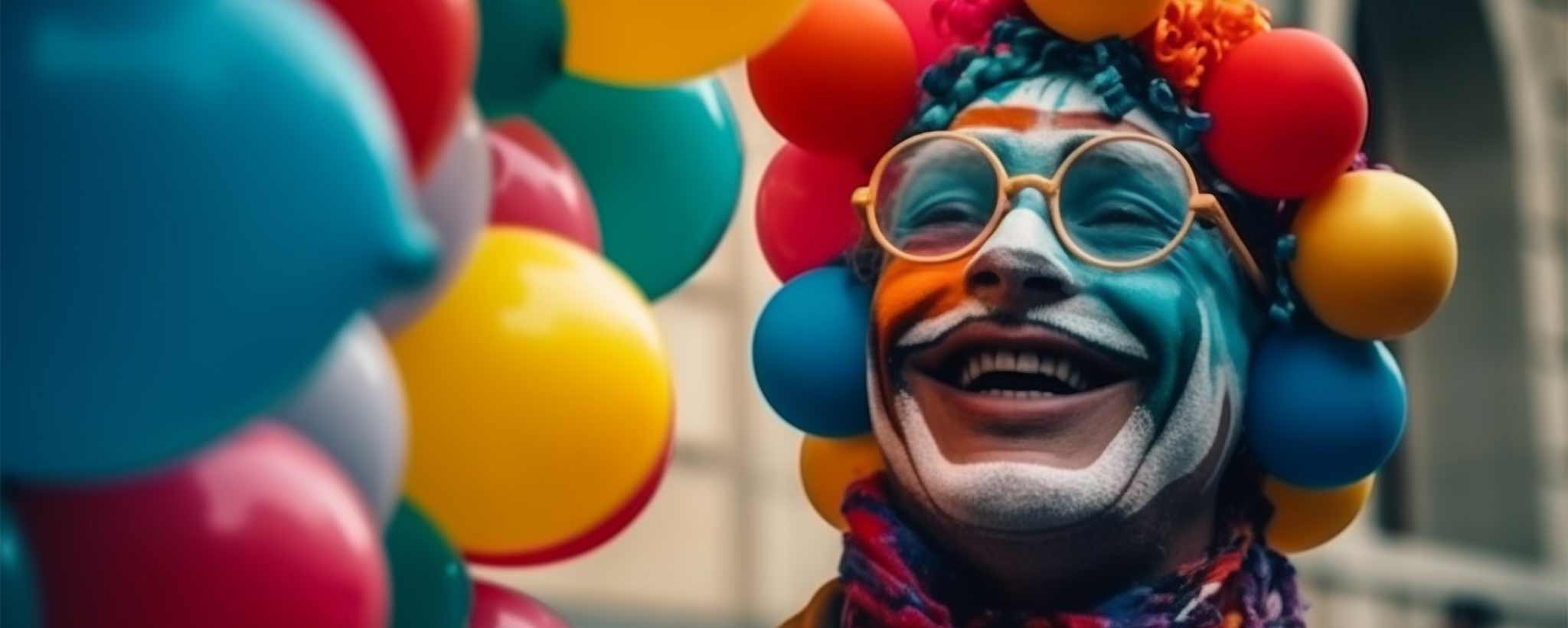 'A male clown surrounded by colorful balloons. (ai)'
