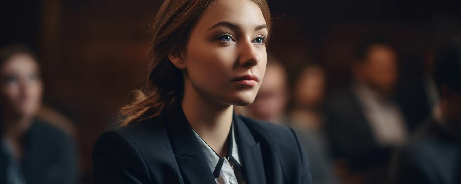 A seated female wears a business suit in a courtroom. (ai)