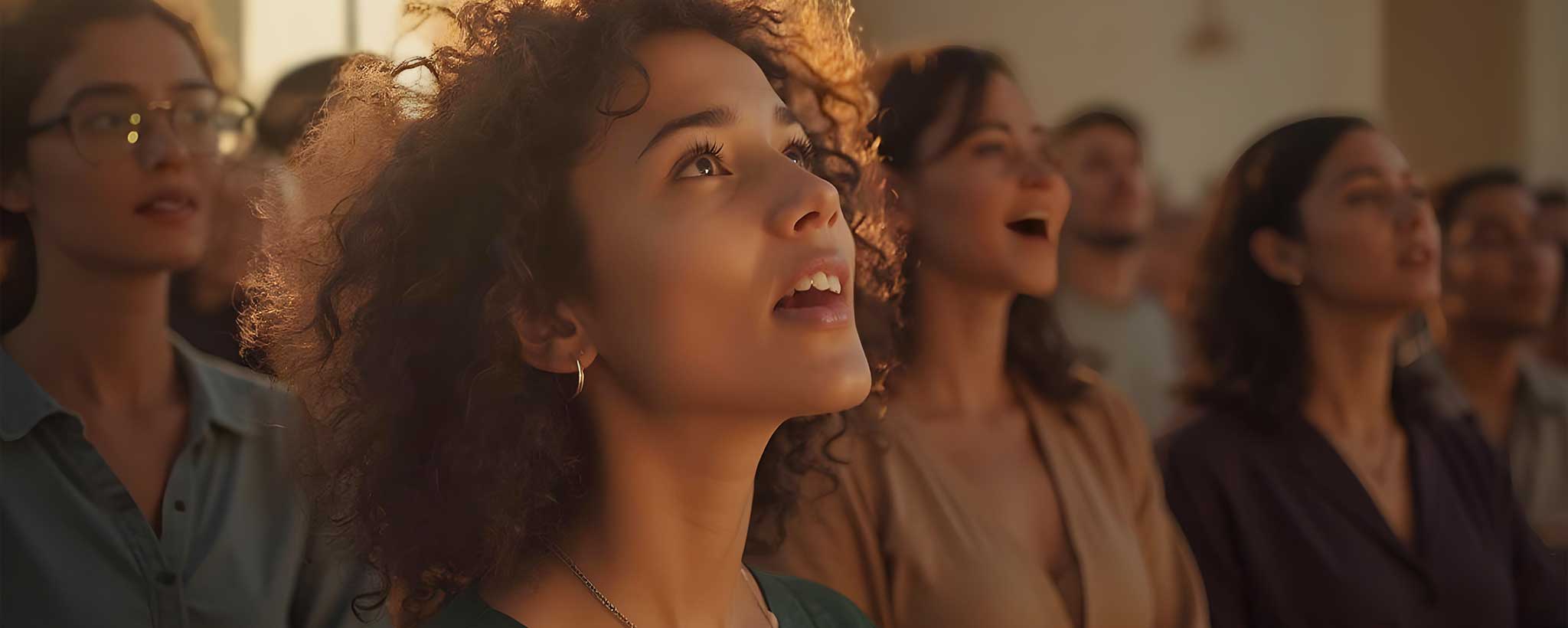 'A beautiful female sings in a congregation throng. (ai)'