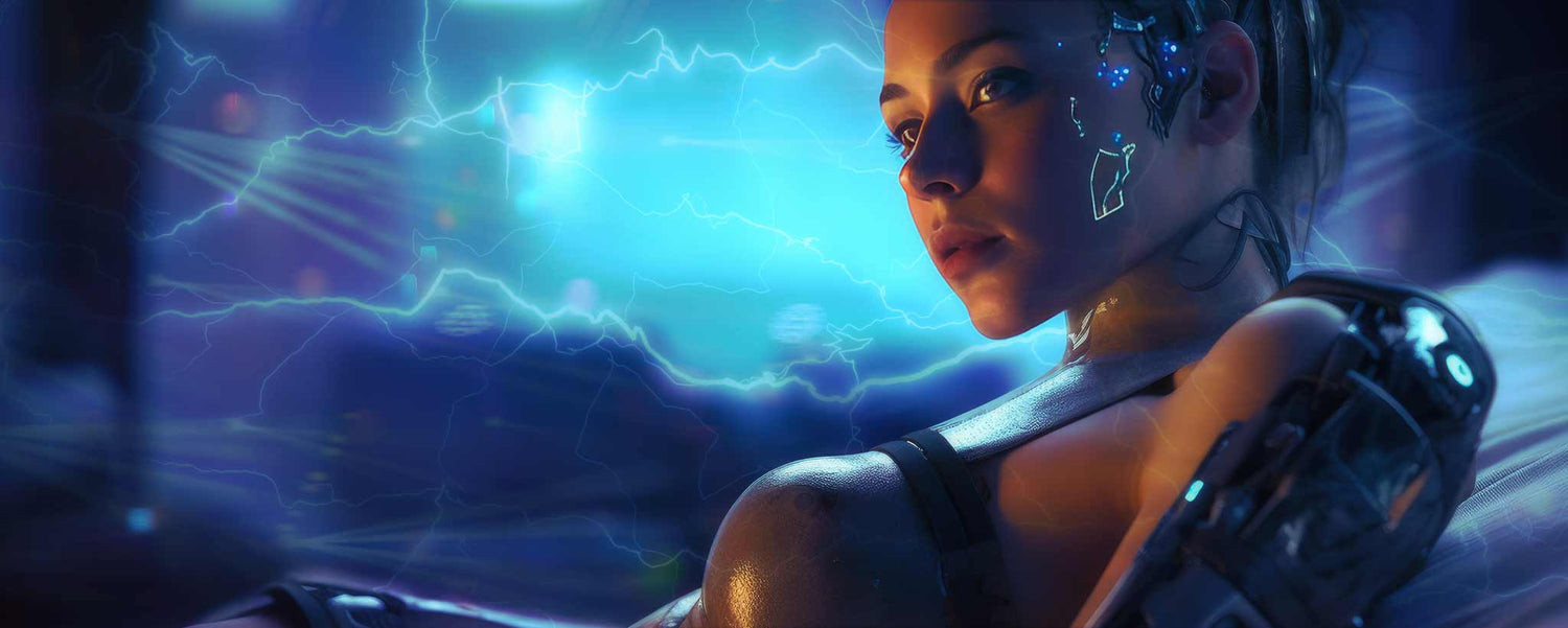 A colorful cyborg female reclines. (ai)