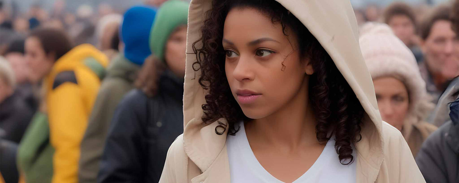 A beautiful black female stands in a crowd. (ai)