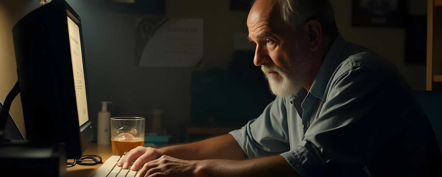 An elderly man searches the internet in a dim room. (ai)