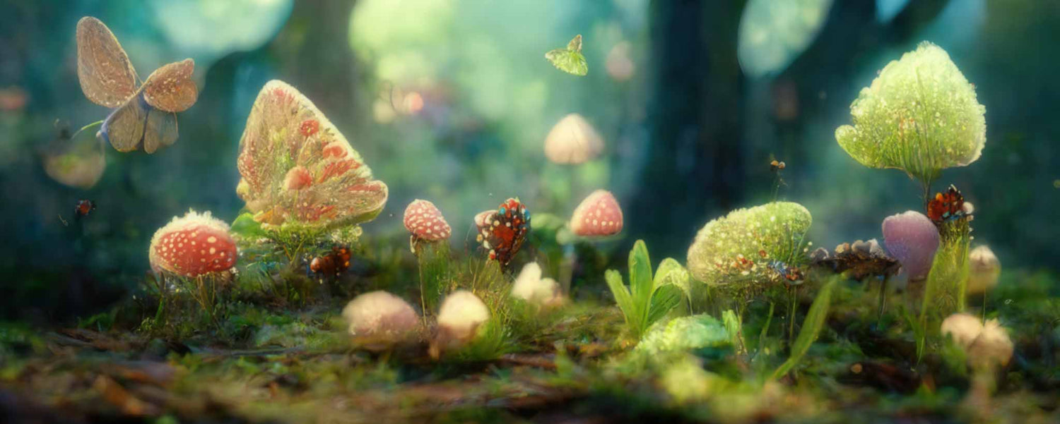 Butterflies and flora on forest floor. (ai)