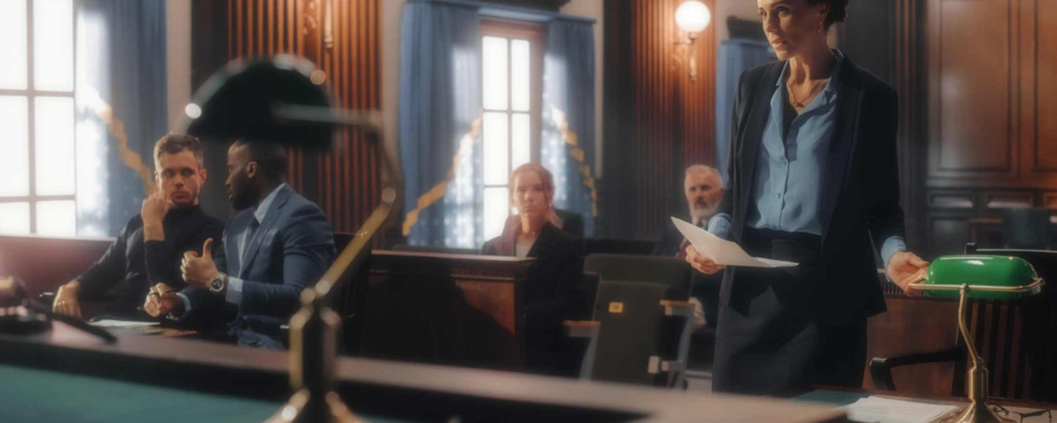 Female district attorney presents charges in a courtroom.