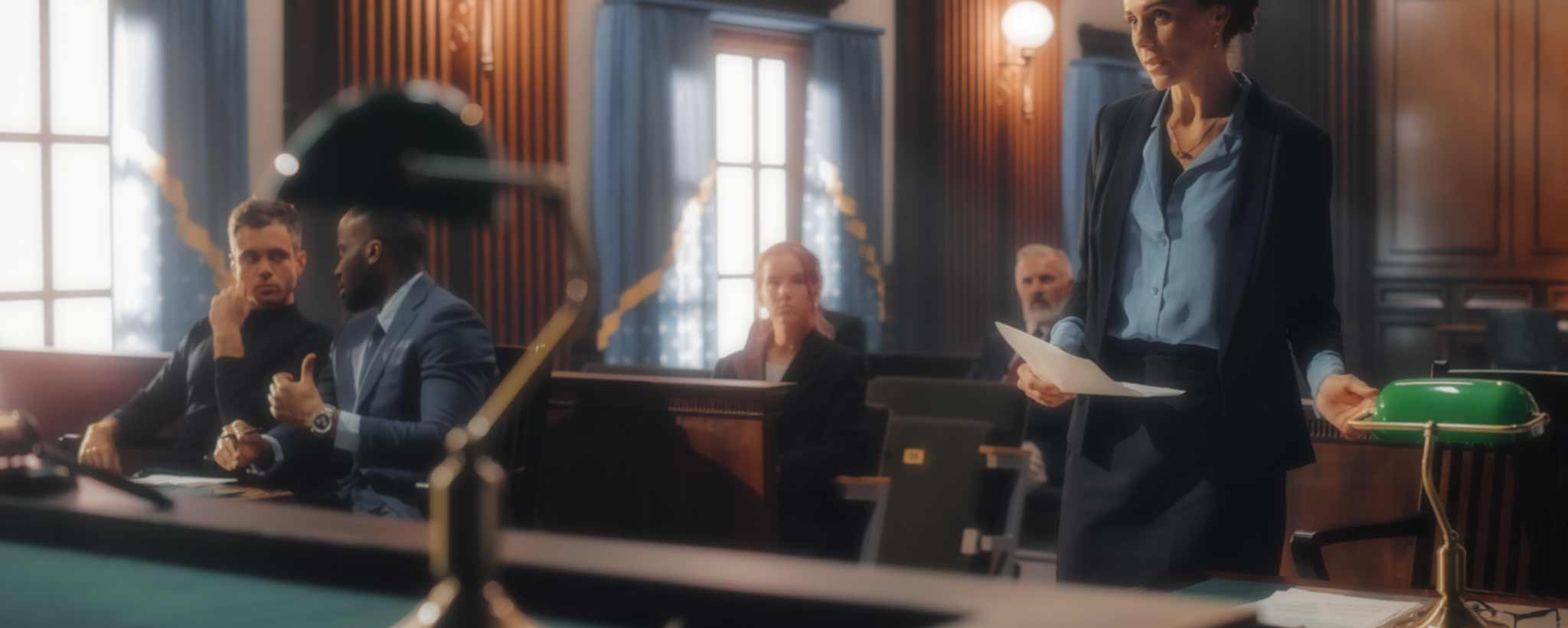 'Female district attorney presents charges in a courtroom.'
