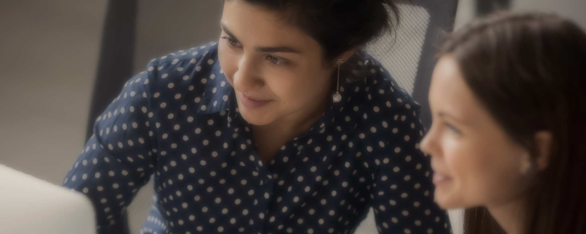 'A female computer trains a customer in front of a monitor.'