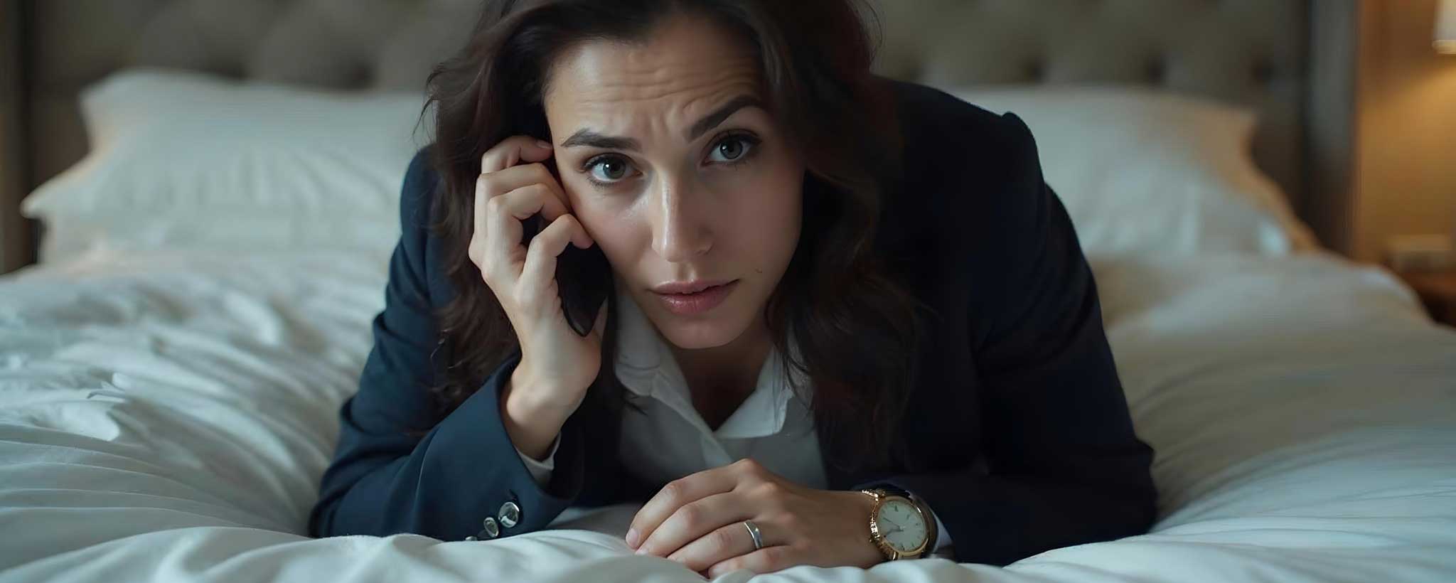 'A brunette female lies on her bed making a phone call. (ai)'