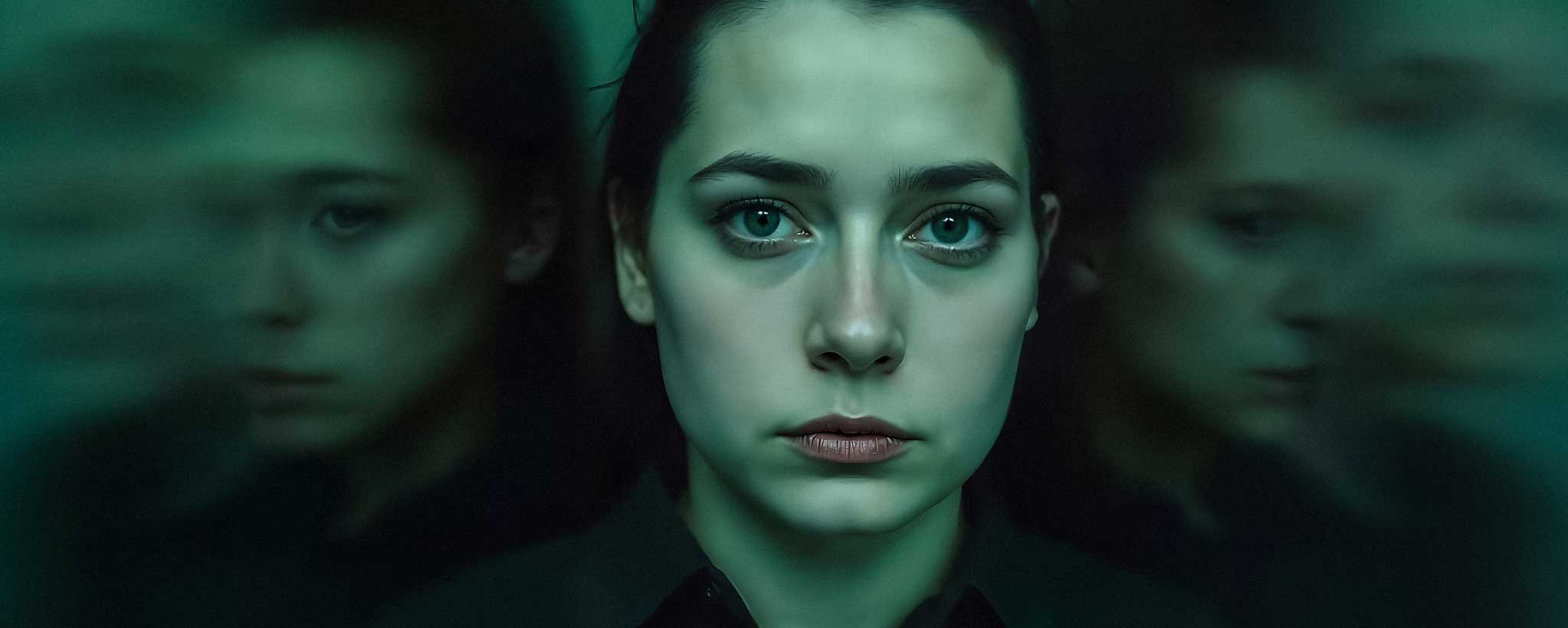 'A lady’s face with a blurred background of other faces, all in greenish tones. (ai)'