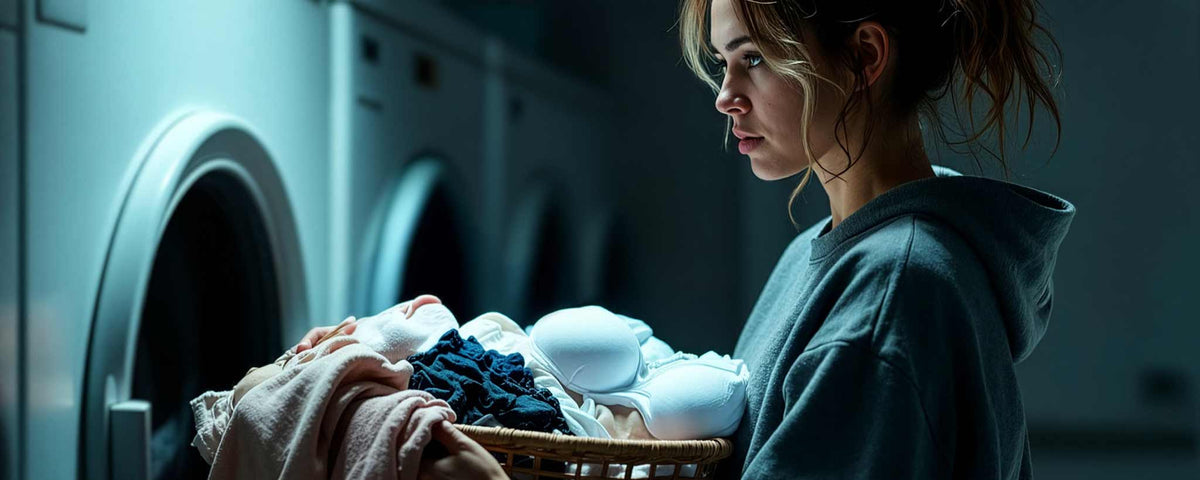 'A thoughtful female in a laundry room clutches her clothing basket while staring at the dryer. (ai)'