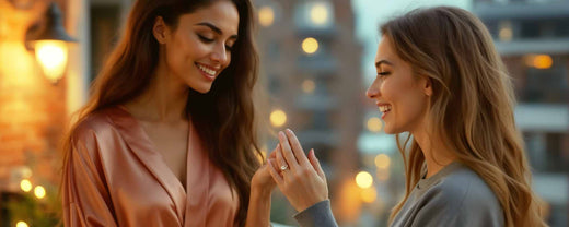 A happy woman shows off an engagement ring to a female friend on a high-rise balcony. (ai)