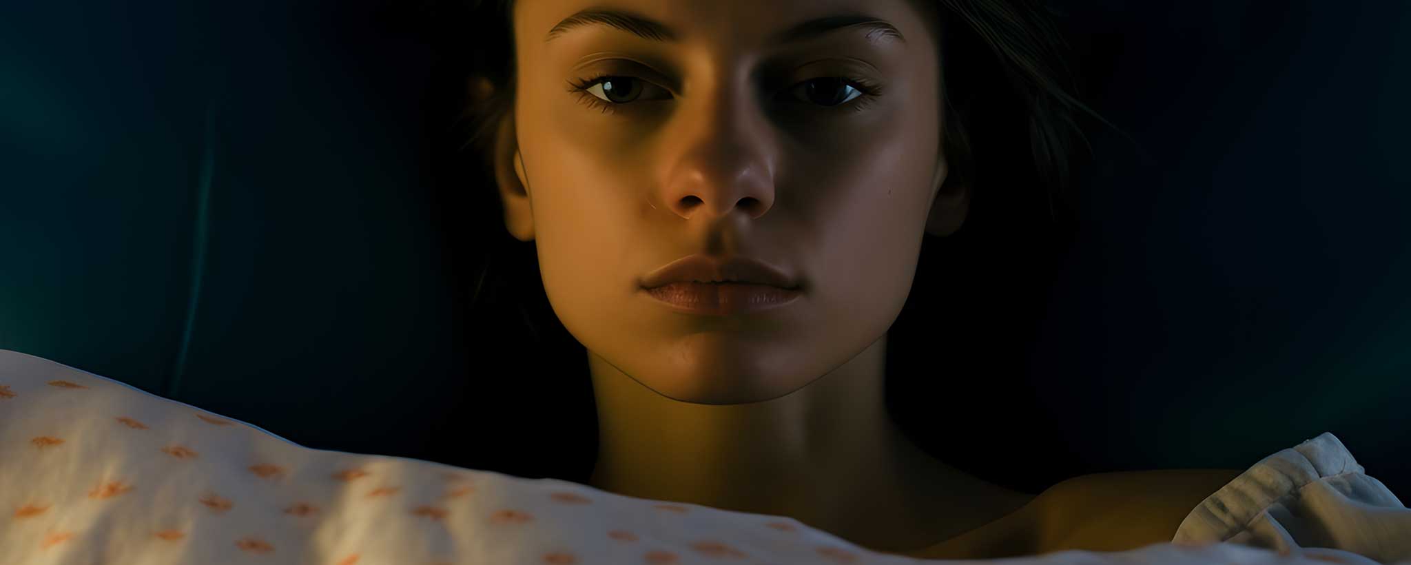 'A stoic female lies beneath her covers at night. (ai)'