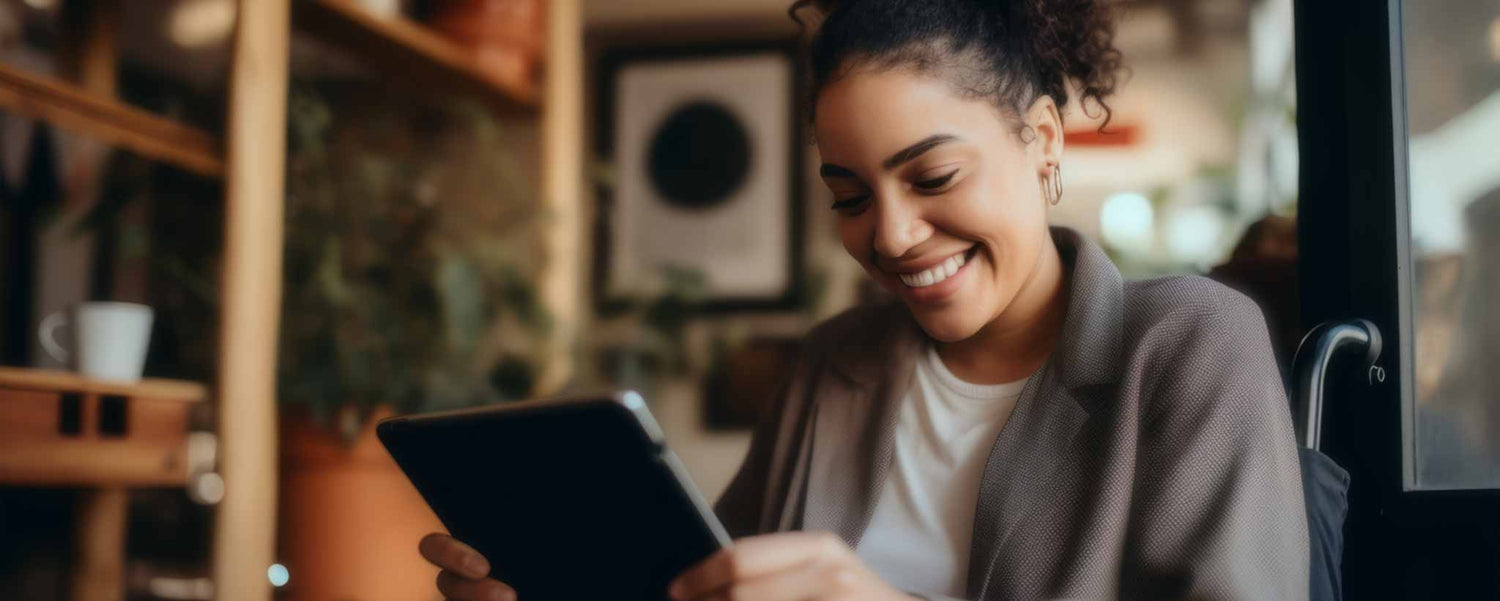 Female reading tablet in wheelchair (ai)