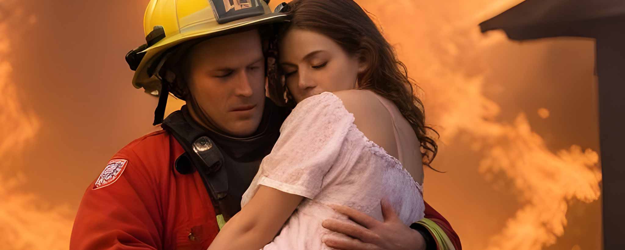 'A firefighter carries young lady through flames. (ai)'