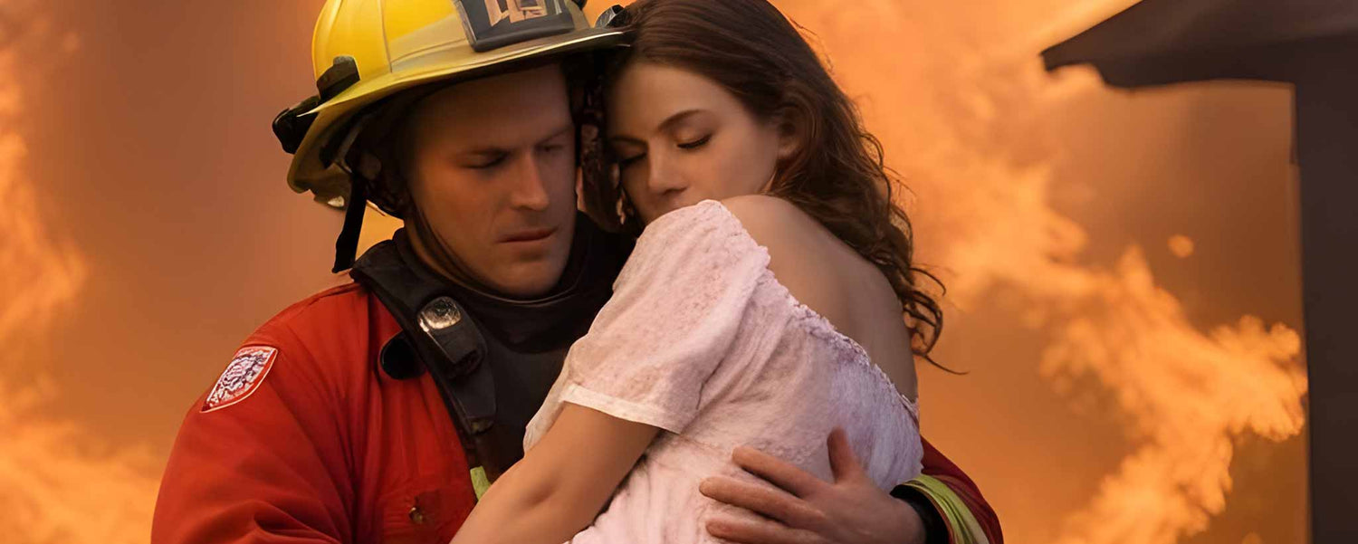 A firefighter carries young lady through flames. (ai)