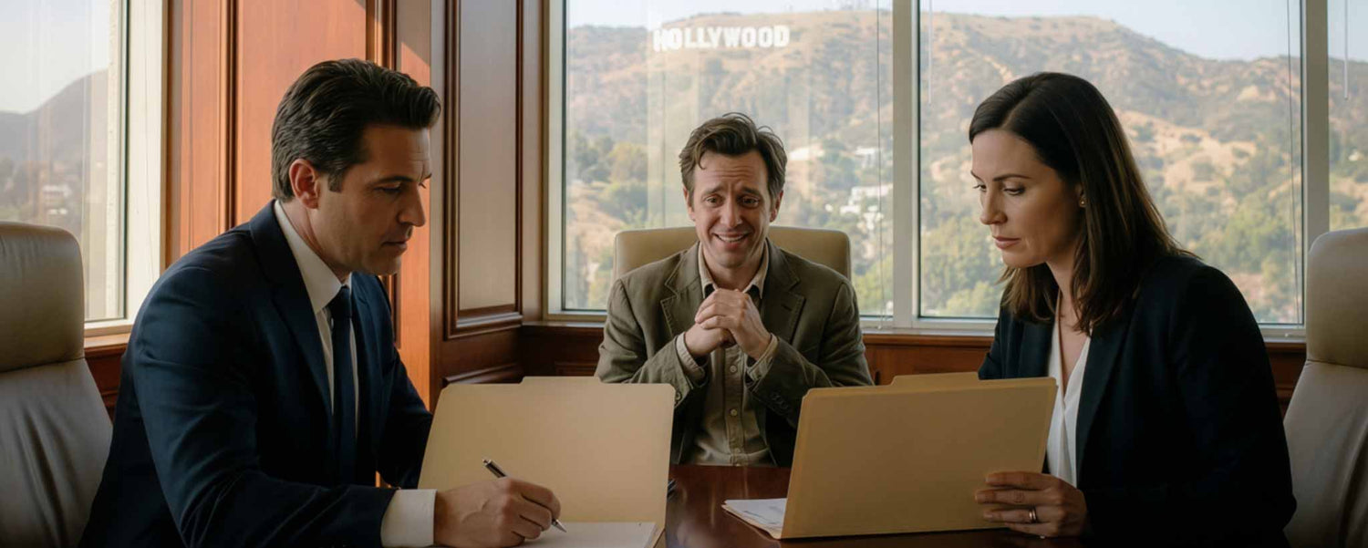 Three people are seated in a modern office with large windows overlooking hills, reviewing files. (ai)