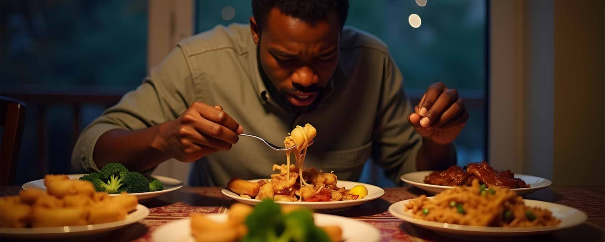 'Hungry man eating Chinese food at home. (ai)'