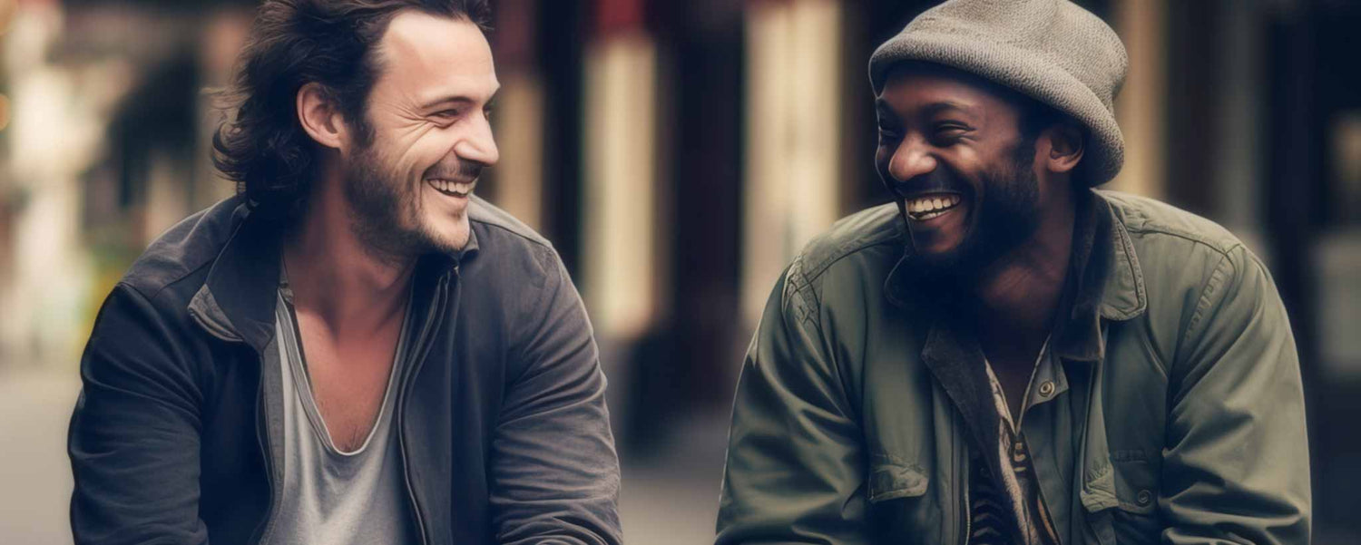 Middle-aged Black and White male friends smile at each other. (ai)