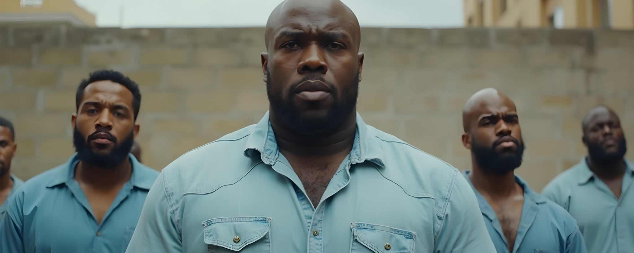 'A large Black prison inmate standing in front of supporters. (ai)'