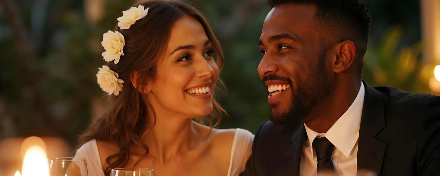 A seated interracial couple are smiling at a wedding reception table. (ai)