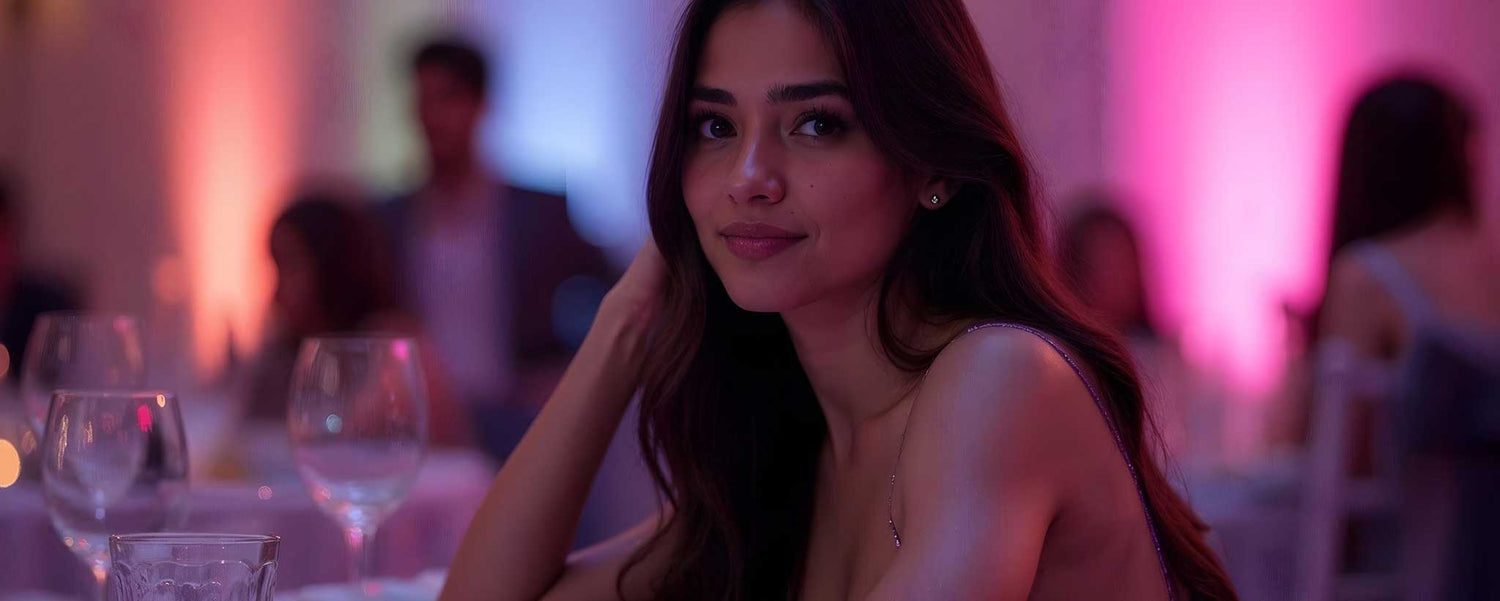 A pretty Latina sits in a ballroom awaiting company. (ai)