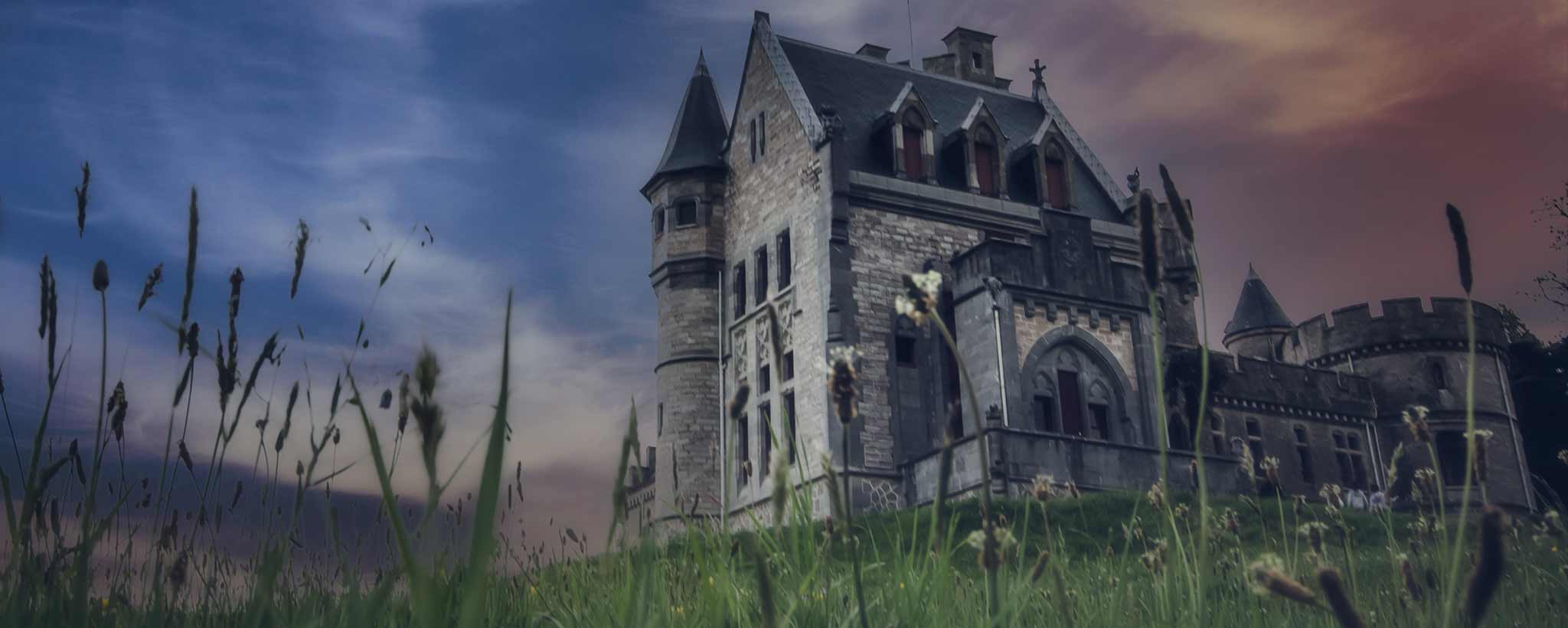 'The exterior of a mysterious Victorian home.'