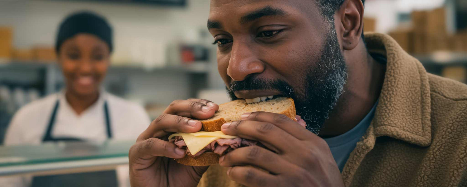 A man is eating a sandwich in a deli setting with a blurred background. (ai)