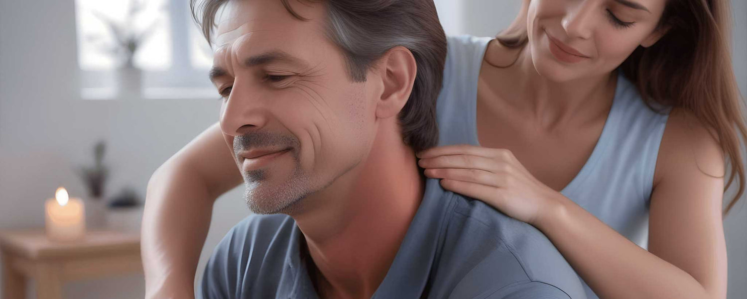 A lady gives a middle-aged man a neck massage. (ai)