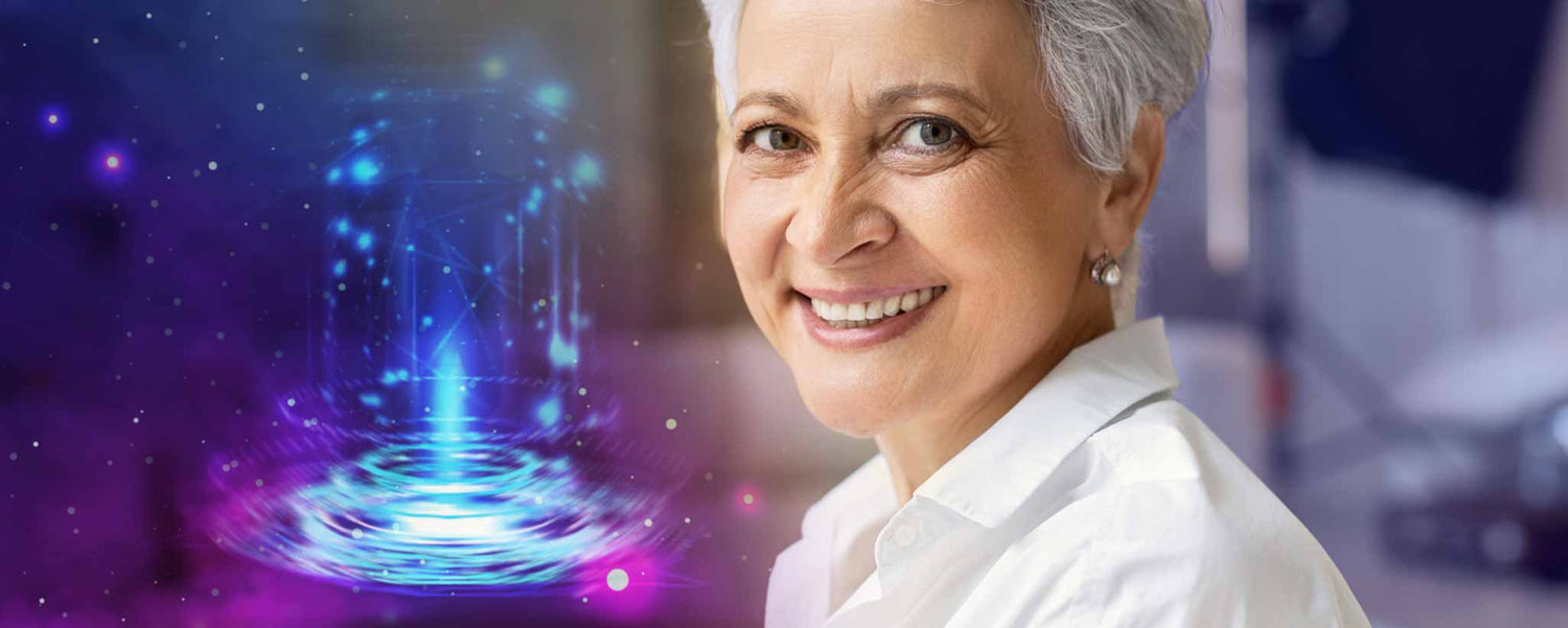 A mature woman with a transporter in the background.