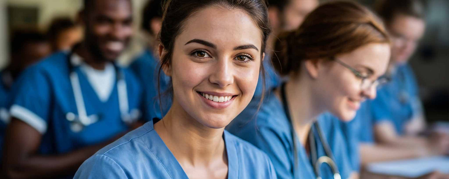 Medical students in blue scrubs smiling with colleagues in the background. (ai)