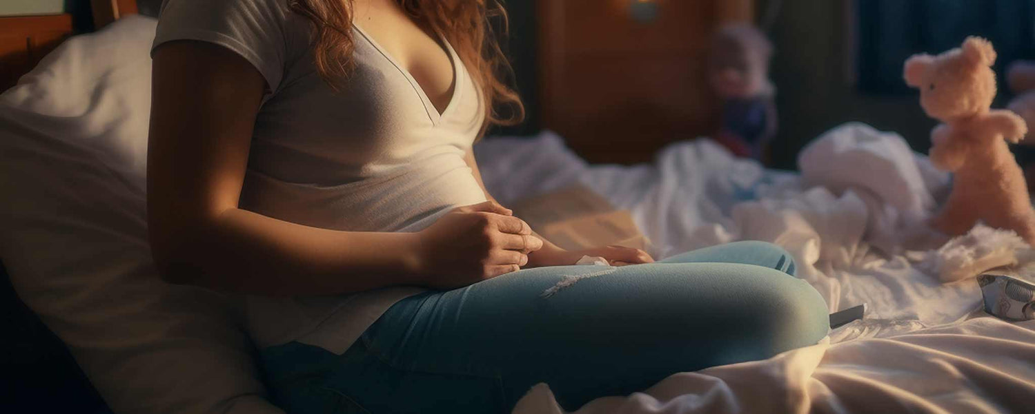 A mother sits in bed with teddy bear. (ai)