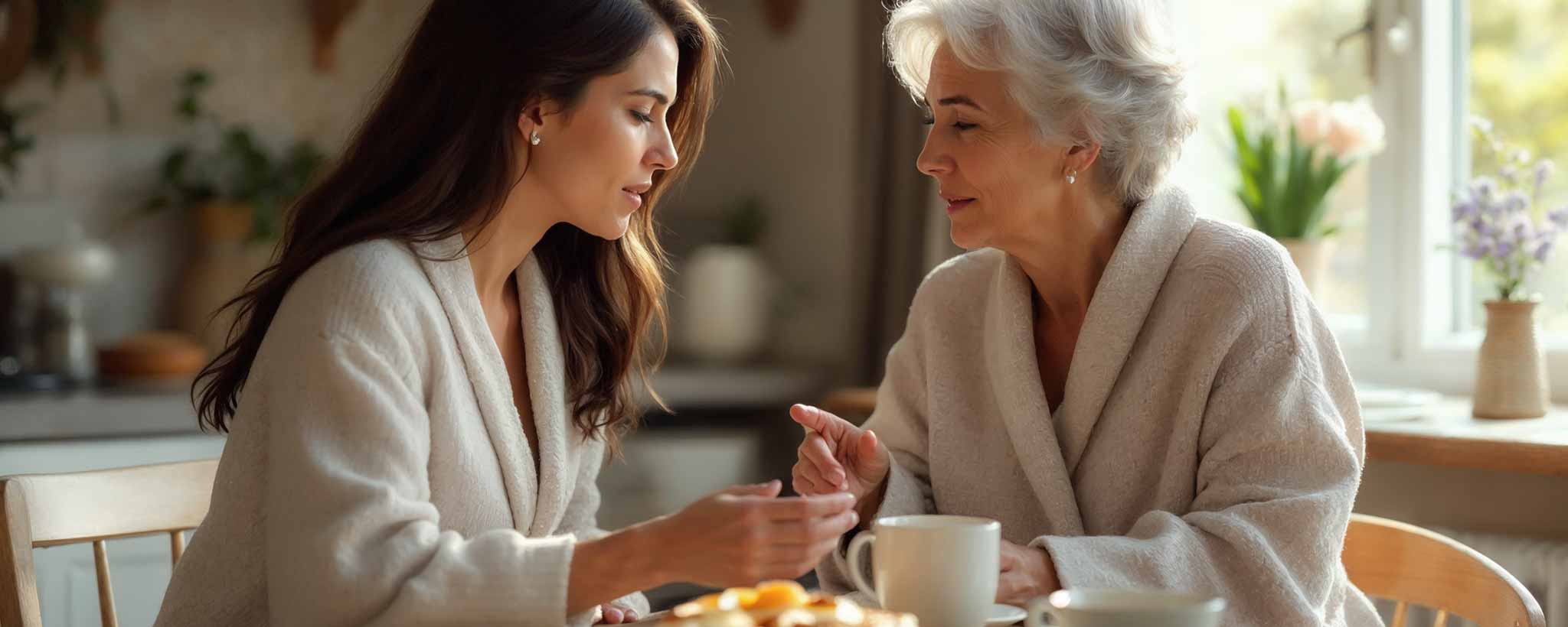 'A daughter speaks to her mother over breakfast. (ai)'