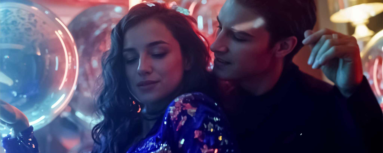 A man and woman dance under colorful lights.