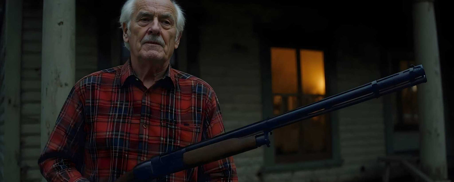 An old man holds a shotgun on his rural porch. (ai)