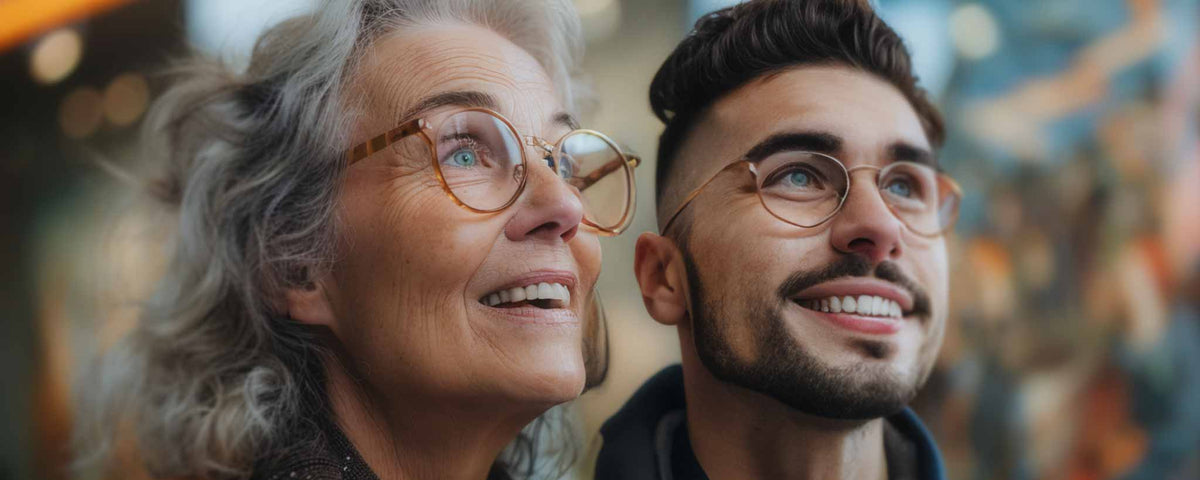 'A mature female admires museum art with a young man. (ai)'